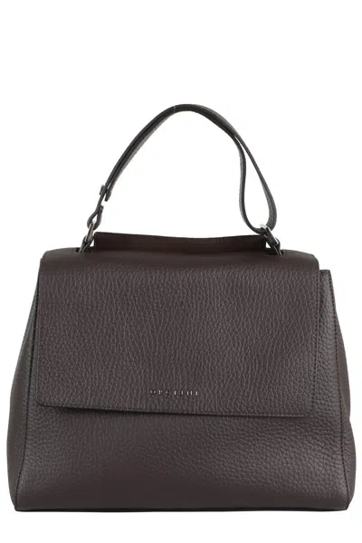 Orciani Structured Dark Brown Leather Shoulder Bag In Gray