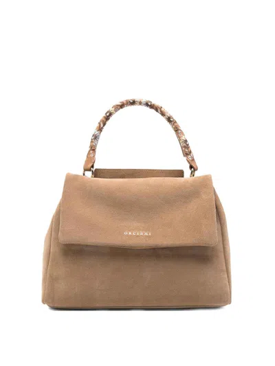 Orciani Sveva Peach Flowers Midi Suede Bag Brown In Sand