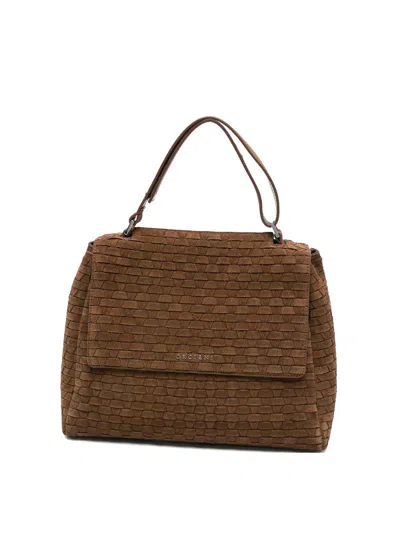 Orciani Sveva Peach Woven Coa Suede Shoulder Bag In Brown