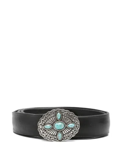 Orciani Turquoise-embellished Leather Belt In Black