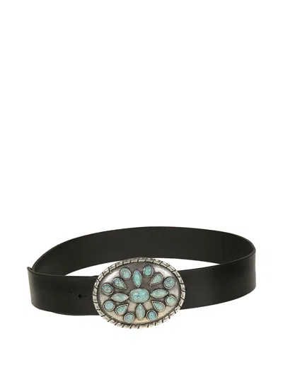 Orciani Turquoise-embellished Leather Belt In Black