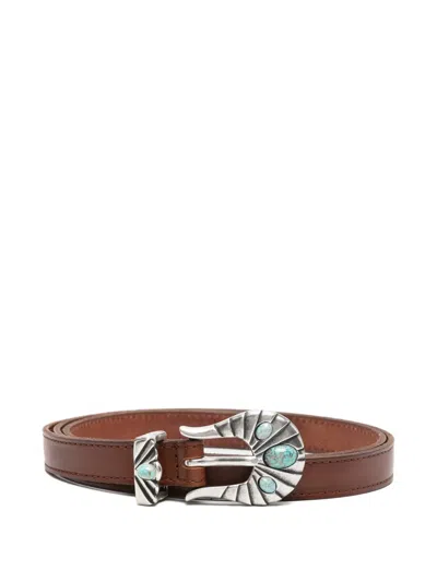 Orciani Turquoise-embellished Leather Belt In Brown