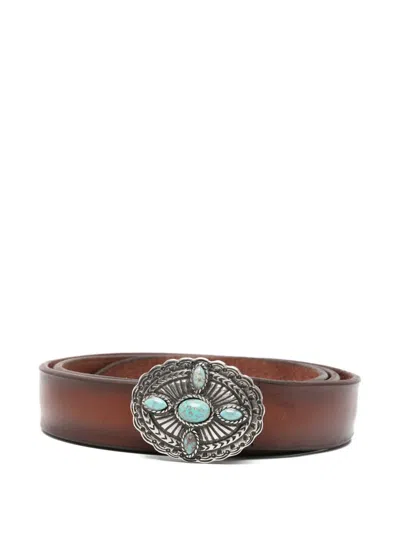 Orciani Turquoise-embellished Leather Belt In Brown