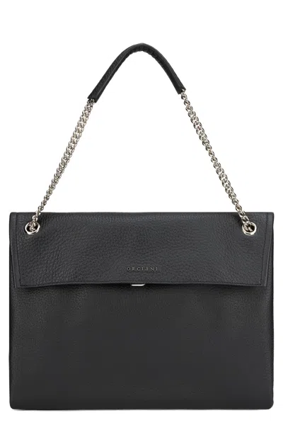 Orciani Venus Midi Hammered Leather Shoulder Handbag In Black