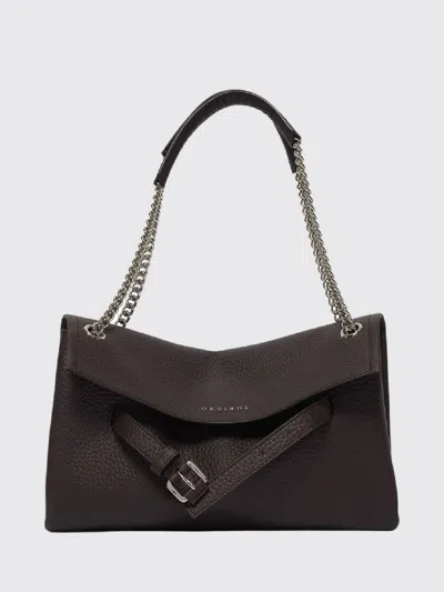 Orciani Venus Rectangular Hammered Leather Shoulder Bag With Sliding Handle In Brown