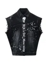 Ordinary Couture Code Skull Biker Denim Vest In Black