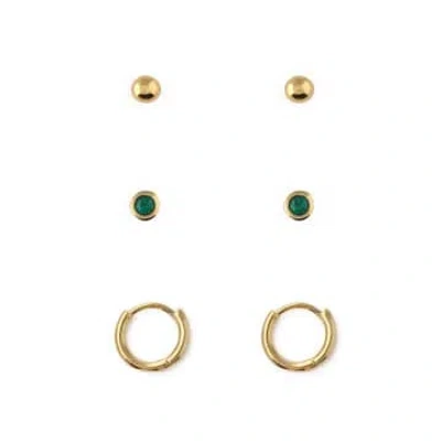 Orelia Emerald Stud & Hoop Earrings 3 Pack In Gold