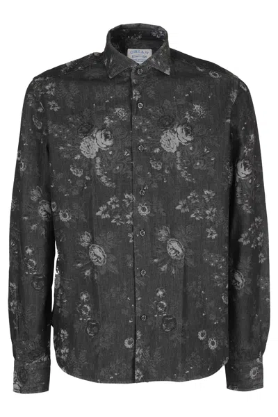 Orian Black Floral Denim Casual Shirt In Grey