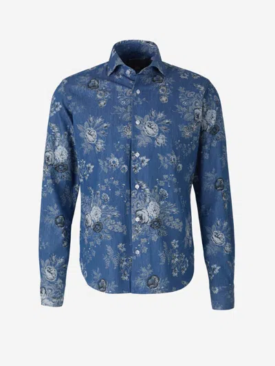 Orian Floral Denim Shirt In Denim Blue And White