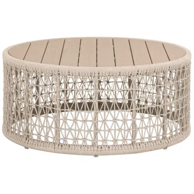 Orient Express Furniture Knit Outdoor Round Coffee Table, Oat Flat Rope, Washed Ever Teak