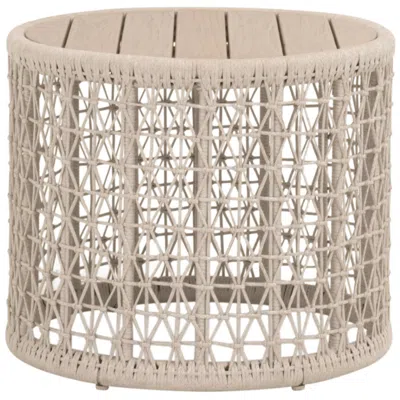 Orient Express Furniture Knit Outdoor Round End Table, Oat Flat Rope, Washed Ever Teak