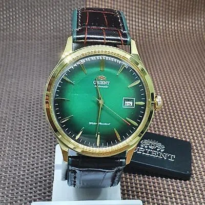 Pre-owned Orient Fac08002f0 Bambino V4 Green Automatic Classic Brown Leather Men's Watch