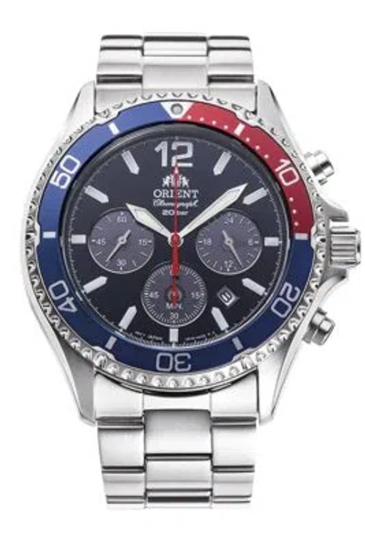 Pre-owned Orient Mako Rn-tx0201l Chronograph Solar Panda Made In Japan Blue & Red