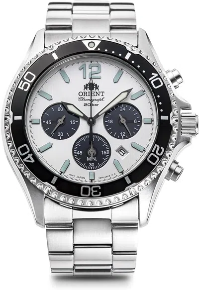Pre-owned Orient Mako Rn-tx0203s Chronograph Solar Watch Panda Dial White Black Mens Watch