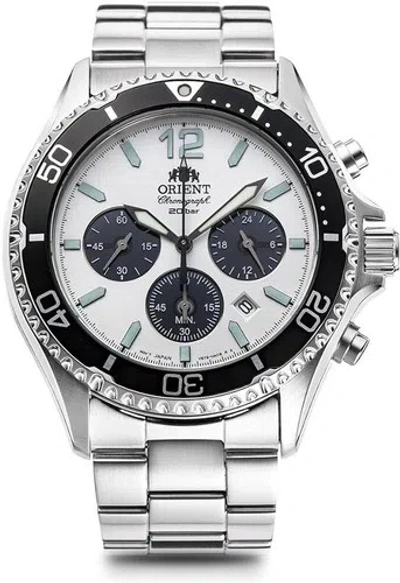 Pre-owned Orient Mako Rn-tx0203s White Dial Panda Chronograph Solar Analog Watch Men