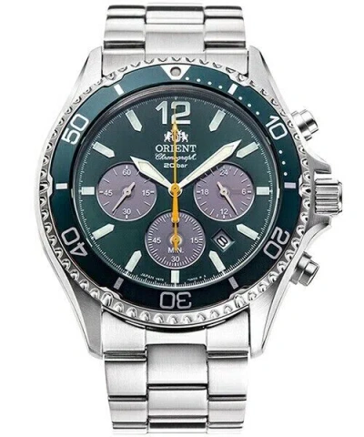 Pre-owned Orient Mako Rn-tx0204e Panda Green Solar Chronograph Analog Wrist Watch Men