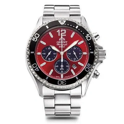 Pre-owned Orient Mako Rn-tx0207r Panda Sport Red Dial Solar Analog Chronograph Men Watch