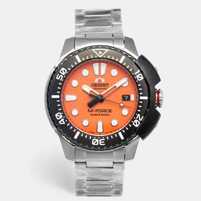 Pre-owned Orient M-force Ra-ac0l08y00b Orange Dial Stainless Steel Men's Wristwatch 45 Mm In Silver