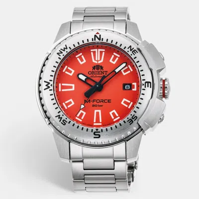 Pre-owned Orient M-force Ra-ac0n02y10b Orange Dial Stainless Steel Men's Wristwatch 46 Mm