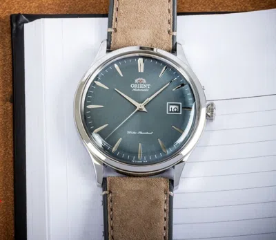 Pre-owned Orient Ra-ac0p03l10b Bambino V4 Brown Leather Blue Dial Automatic Men's Watch