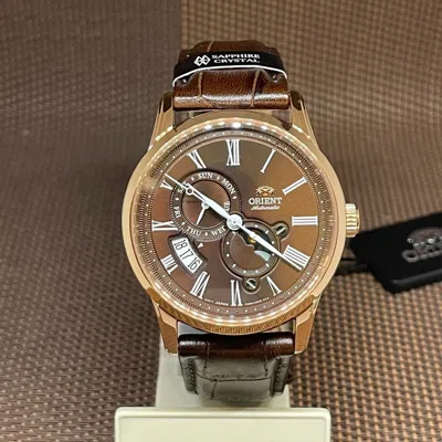 Pre-owned Orient Ra-ak0009t10b Sun & Moon Brown Leather Automatic Analog Men's Dress Watch