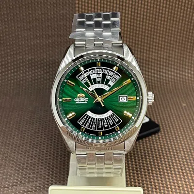 Pre-owned Orient Ra-ba0002e10b Multi-year Calendar Green Dial Stainless Steel Men's Watch