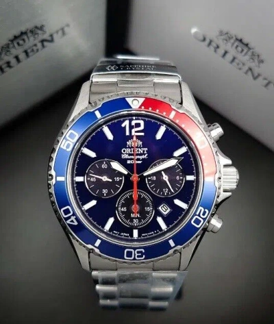 Pre-owned Orient Ra-tx0201l10b Mako Solar Chronograph Blue Face Analog Men's Diver's Watch