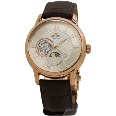 Pre-owned Orient Sun & Moon Automatic Champagne Dial Brown Leather Men's Watch Ra-as0009s