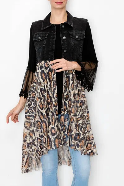 Origami Denim And Lace Vest In Black Leopard