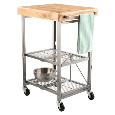 Origami Foldaway Rolling Kitchen Cart Solid Wood Top In Gray