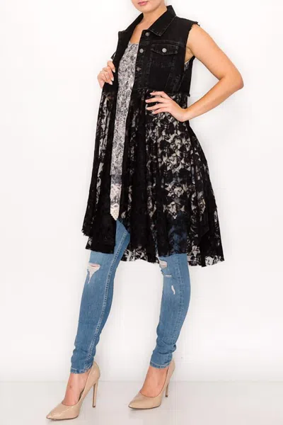 Origami Lilith Denim Vest With Lace In Black