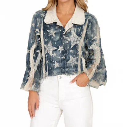Origami Say It Again Cropped Jacket In Denim Star In Multi