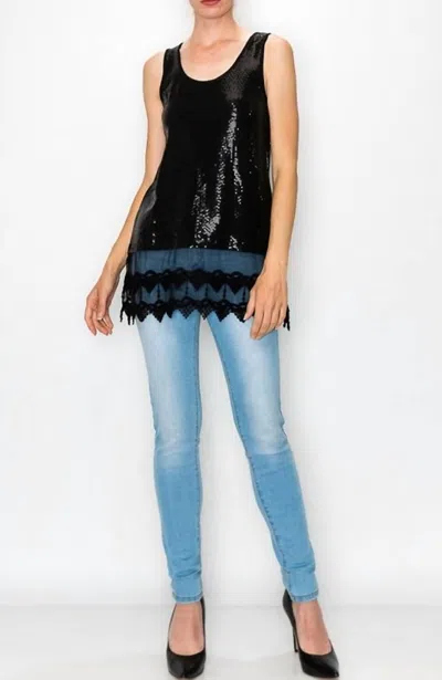 Origami Sequin & Lace Tank In Black