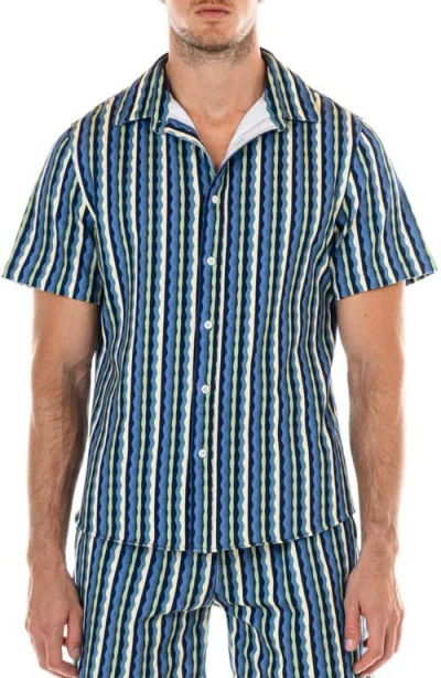 Original Paperbacks Riviera Stripe Short Sleeve Button-up Knit Shirt In Bluemulti