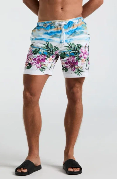 Original Penguin 7 Volley All Over Print Hibiscus Scene Swim Trunk In White