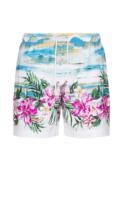 Original Penguin 7 Volley All Over Print Hibiscus Scene Swim Trunk In White