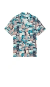 Original Penguin All Over Print Postcard Camp Shirt In 蓝色鞋翼 & 青色