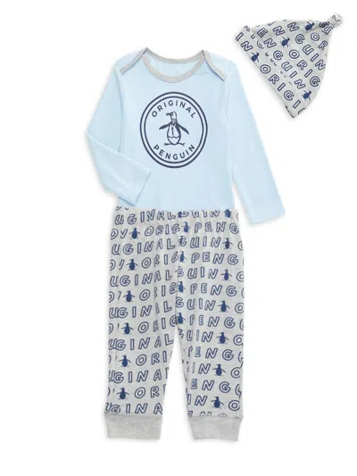 Original Penguin Baby Boy's Logo Bodysuit, Joggers & Beanie Set In Blue