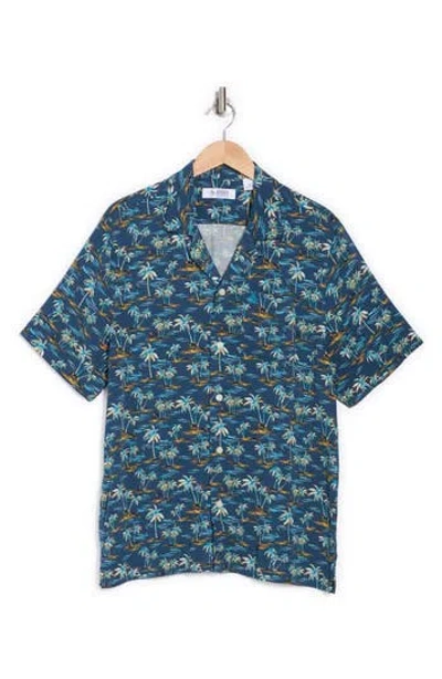 Original Penguin Beach Print Slim Fit Camp Shirt In Blue Wing Teal