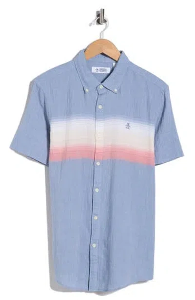 Original Penguin Chest Stripe Short Sleeve Crinkle Button-down Shirt In Blue