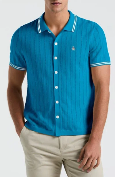 Original Penguin Drope Needle Polo Cardigan In Mosaic Blue