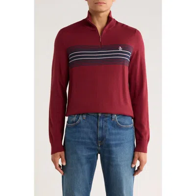 Original Penguin English Chest Stripe Quarter Zip Pullover In Burgundy