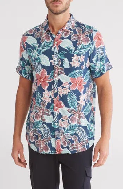 Original Penguin Floral Short Sleeve Button-up Shirt In Blue Wing Teal