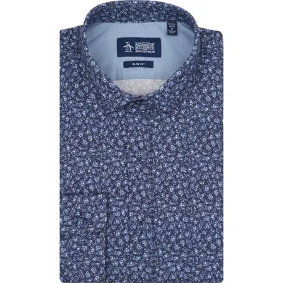Original Penguin Floral Stencil Stretch Cotton Slim Fit Dress Shirt In Blue