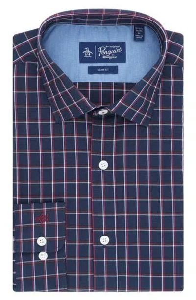 Original Penguin Fremont Slim Fit Windowpane Print Dress Shirt In Navy