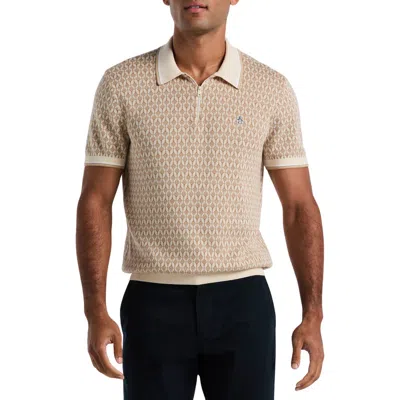 Original Penguin Geo Pattern Cotton & Modal Zip Polo Sweater In Neutral