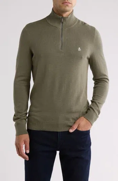 Original Penguin Half Zip Cotton Jersey Sweater In Dusty Olive