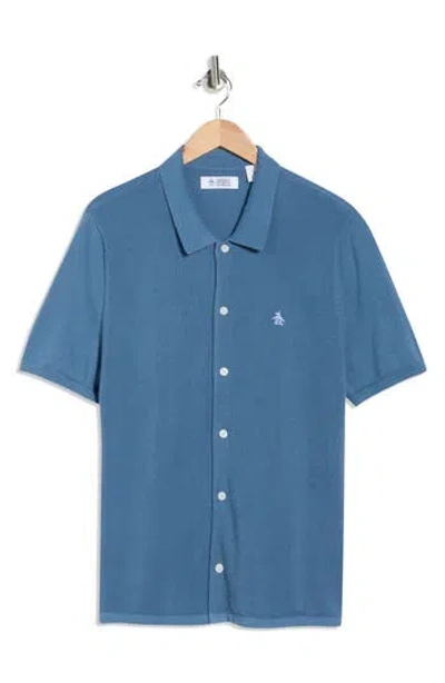 Original Penguin Honeycomb Short Sleeve Cotton Piqué Button-up Shirt In Blue