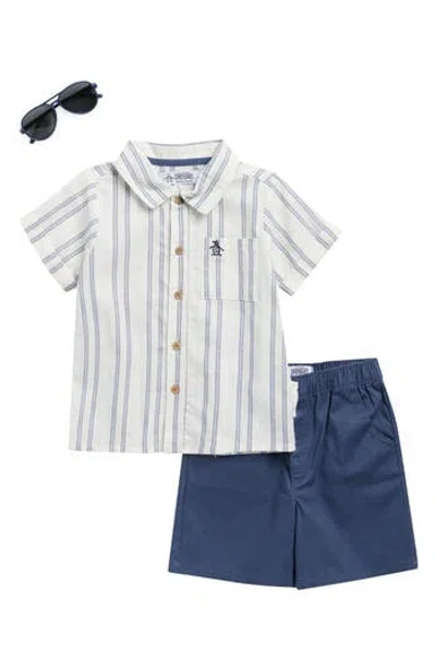 Original Penguin Kids' Short Sleeve Button-up Camp Shirt, Shorts & Sunglasses Set In Blue