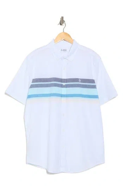 Original Penguin Lawn Chest Stripe Short Cotton Sleeve Button-up Shirt In Bright White